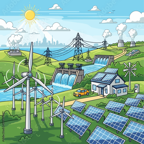 Sustainable energy landscape with wind turbines, solar panels, and hydroelectric dam powering a smart city, promoting green living and environmental solutions