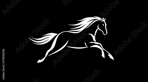 White equine illustration of a horse at full gallop on a black background