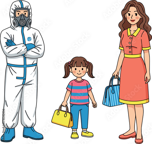 Hazmat suit person with respirator mask standing beside woman and girl in casual clothes, public health safety concept illustration