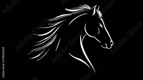 Elegant white outline of a horse's head and flowing mane against a solid black background