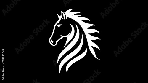 Elegant white horse head silhouette with flowing mane on a black background