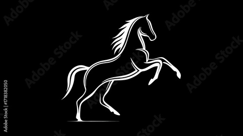 A stylized white horse silhouette on a black background rears up