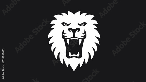 White Lion head, stylized, roaring on stark black background, strong graphic contrast