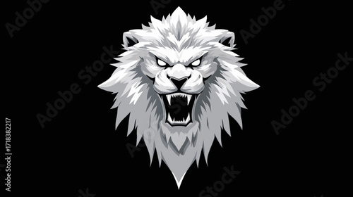 Lion's head, fierce expression, open mouth with teeth showing, black background, grayscale