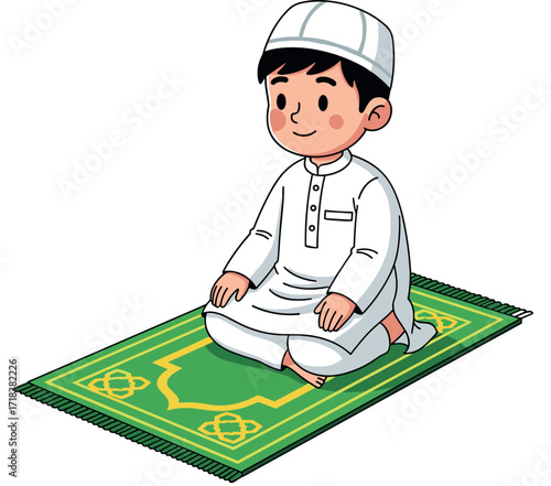 Muslim child praying on green mat in traditional white attire, Islamic culture, religion, spirituality, peaceful moment, cartoon vector illustration