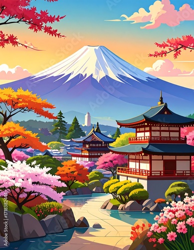 Vibrant Japanese landscape with a majestic mountain