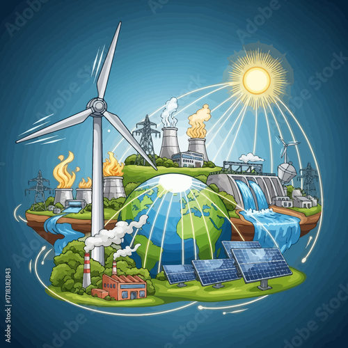 Sustainable energy solutions powering a greener future with wind turbines, solar panels, and hydroelectric dams for a clean environment and vibrant planet