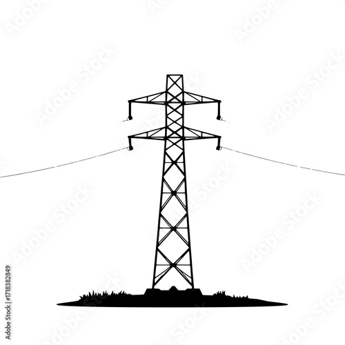 Minimalist Vector Silhouette
A flat black vector silhouette of a high-voltage power pylon, centered on a white background. The design is highly simplified with sharp geometric lines, focusing on symme