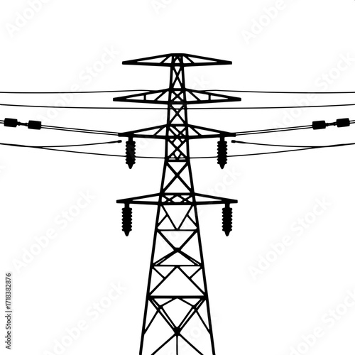 Minimalist Vector Silhouette
A flat black vector silhouette of a high-voltage power pylon, centered on a white background. The design is highly simplified with sharp geometric lines, focusing on symme