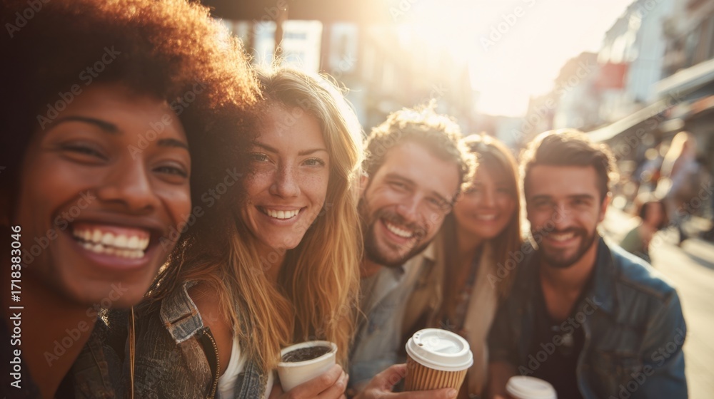 Obraz premium Group of Five Young Friends Smiling Enjoying Coffee Outside in Bright Sunlight.