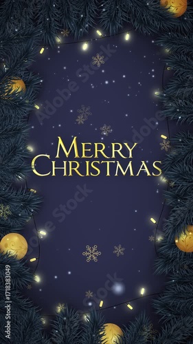 Merry Christmas Greetings Text Background Animation with Fir Branches and Decorations 