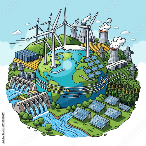 Embrace sustainable energy solutions with this modern Earth design, featuring wind power, solar panels, and hydroelectric dams for a brighter future
