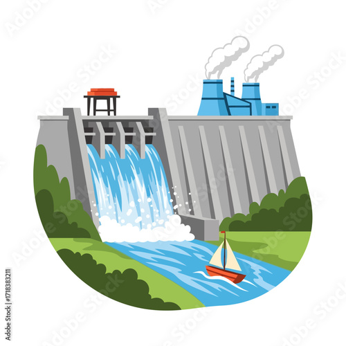 Hydroelectric dam generating power with sailboat navigating the river, showcasing clean energy and scenic beauty in a modern, vibrant style