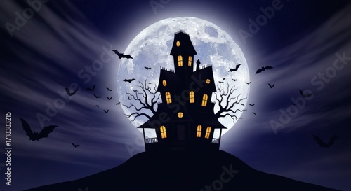 Spooky Halloween haunted house silhouette against a vibrant full moon with bats flying in the night sky for eerie holiday celebrations and spooky themes