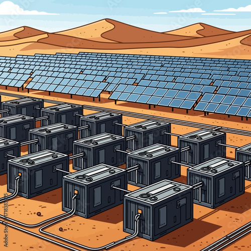Vibrant illustration of a desert solar farm powering future energy solutions, with clean energy batteries against a backdrop of sand dunes and blue sky