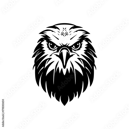A bold, symmetrical black and white illustration of a fierce eagle's head staring forward.