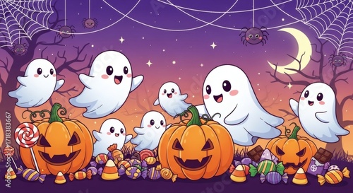 Charming Halloween scene with cute ghosts, smiling pumpkins, and sweet candies under a starry sky with a crescent moon, perfect for festive kids' designs