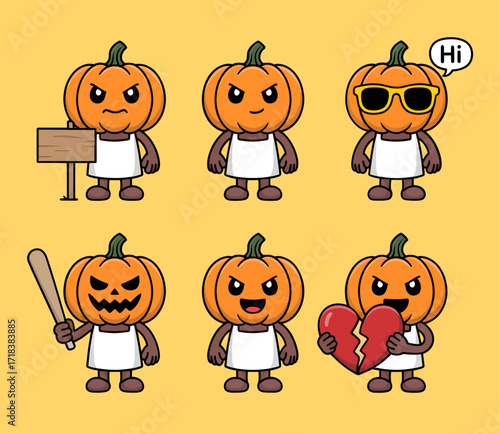 A set of six cute cartoon pumpkin characters displaying various emotions and holding different objects like a sign, sunglasses, a baseball bat, and a broken heart.