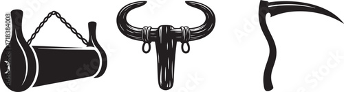  Traditional Farming Tools and Bull Horn Illustration in Black and White
