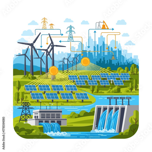 Sustainable energy sources powering a modern city with wind turbines, solar panels, and hydroelectric dam for eco-friendly future solutions and technology