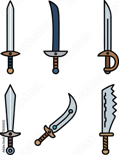Set of different sword icons in flat vector