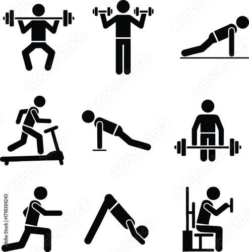 Set of different gym pose stick icons in vector design