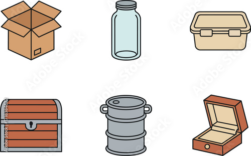 Set of different container icons in flat vector
