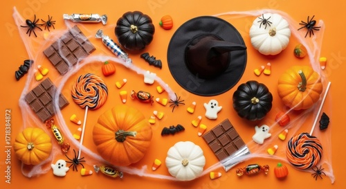 Spooky Halloween treats flat lay for fun party vibes, including pumpkins, candy corn, chocolate bars, lollipops, witch hat, bats, spiders, & ghosts on vibrant orange