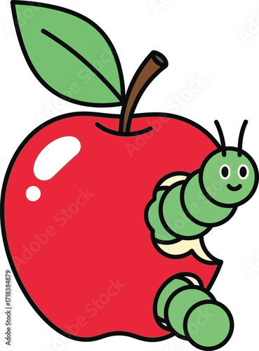Cartoon illustration of a green caterpillar eating a red apple with a leaf and a brown stem top