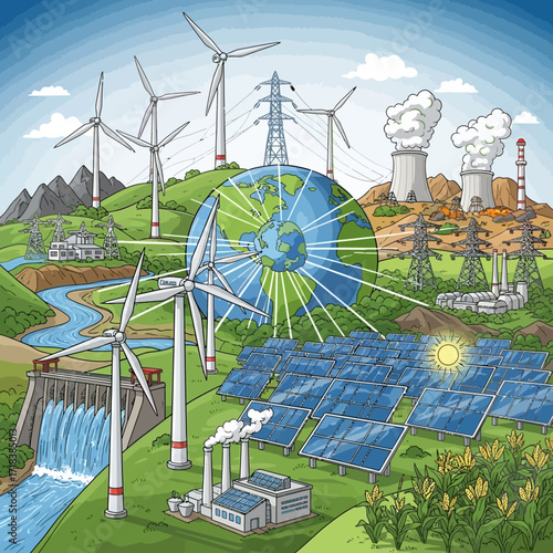 Sustainable future with renewable energy sources like wind turbines, solar panels, hydroelectric dam, and nuclear power promoting a green earth.