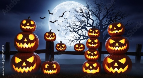 Spooky Halloween pumpkins glowing under the moonlight with creepy bats flying by, perfect for party invitations, festive decorations, and seasonal designs