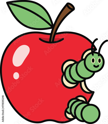 Cartoon illustration of a red apple with a green leaf and a cute caterpillar eating through the fruit