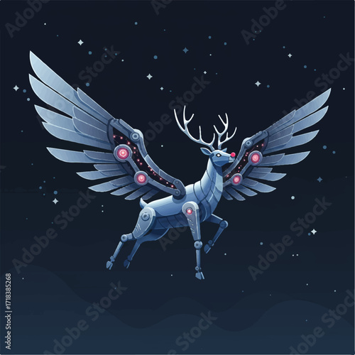 Robotic reindeer with mechanical wings soars through a starry night sky