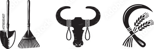 Vintage farming icons featuring shovel, rake, ox skull, wheat and sickle in black and white, perfect for agriculture, nature, or rural themed designs