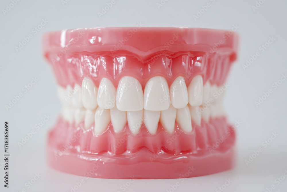 Obraz premium Detailed artificial dental model showing perfectly aligned teeth and gums used for dental education and oral health demonstrations in clinical settings
