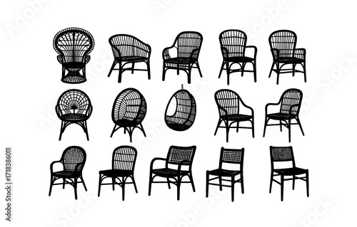 Collection of elegant rattan chair silhouettes in various designs and styles