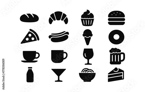 Silhouette food icons: bread, cupcake, pizza, drinks, and more in modern designs
