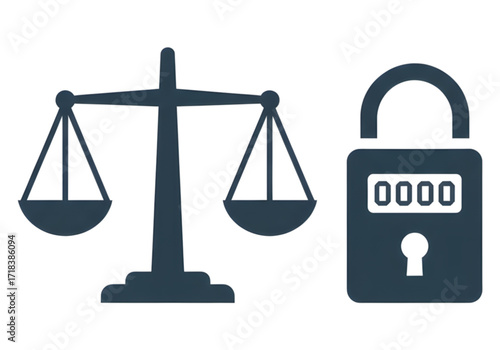 Minimal icon of a scale of justice and digital lock — transparent background (PNG), no shadow

