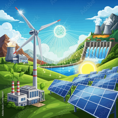 Harnessing clean energy with solar panels, wind turbine and hydro plant for a sustainable future, emphasizing environmental responsibility and global impact