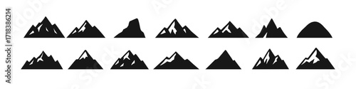 Mountain silhouettes collection of various peaks and summits in black and white