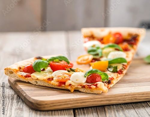 Two slices of pizza with tomato, mozzarella, and basil