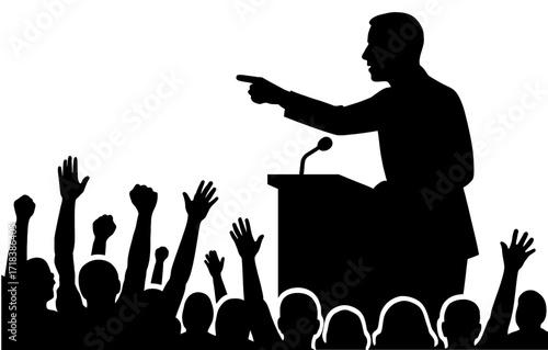 Silhouette of speaker at podium with audience raising hands in support