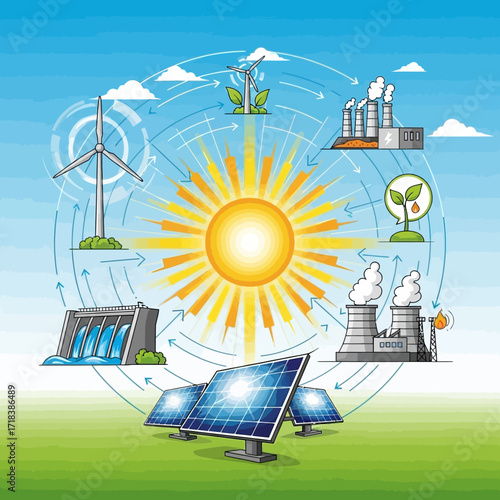 Clean energy solutions powering a sustainable future with vibrant solar panels, wind turbines, and hydroelectric dam in eco-friendly environment
