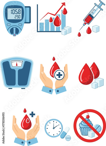 Illustration showing diabetes management with glucose meter and blood sugar control tools