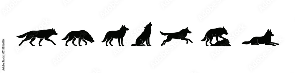 Fototapeta Wolf silhouette set: various poses of wolves in a minimalist style