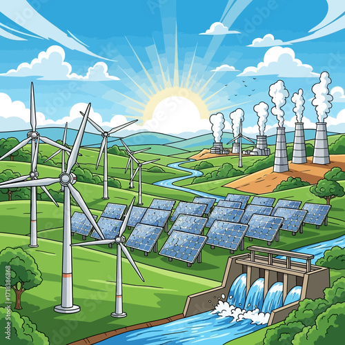 Vibrant illustration showcasing the harmonious blend of renewable energy sources with solar panels, wind turbines, and hydroelectric power in a bright, clean environment