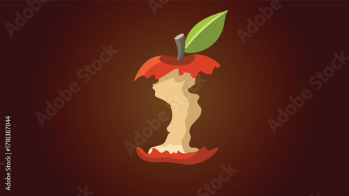 Bitten Apple Core with Stem and Leaf