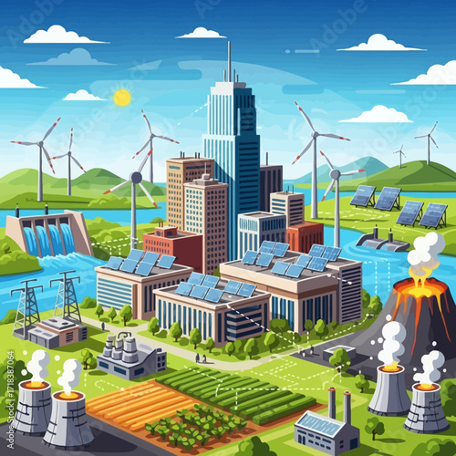 Sustainable city illustration blending modern buildings, solar panels, wind turbines, and a volcano for a vibrant, eco-friendly future
