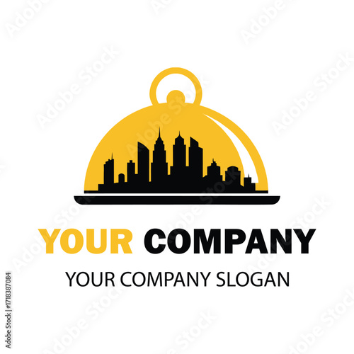 Vector art of restaurant logo with city skyline inside a cloche