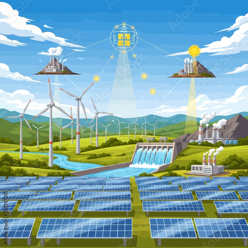 Sustainable energy landscape showcasing a balance of solar panels, wind turbines, hydro dam, and traditional power plants in a green environment